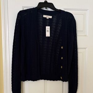 LOFT Navy Openwork Cropped Button-Accent Cardigan